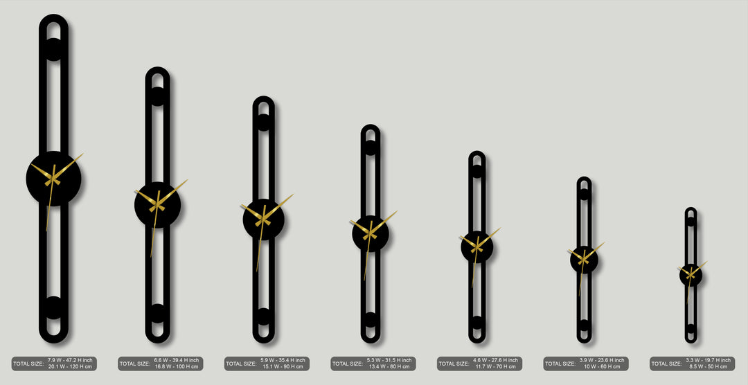 The sleek matte black finish on the decorative metal art clocks emphasizes their minimalist vertical design with gold hands.