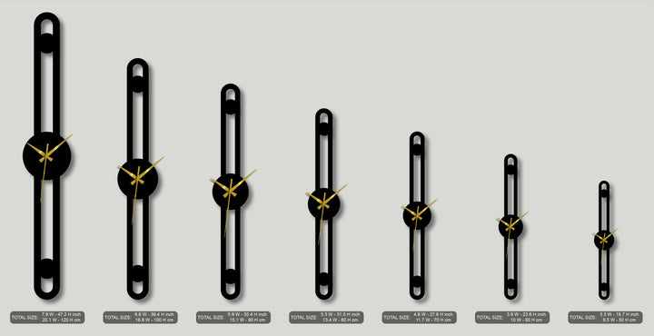 The sleek matte black finish on the decorative metal art clocks emphasizes their minimalist vertical design with gold hands.