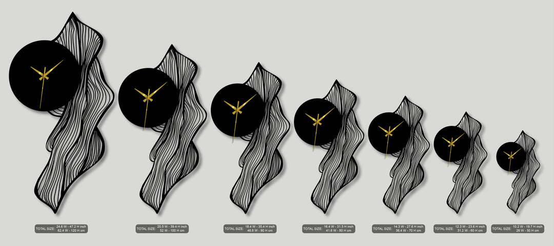 Flowing abstract leaf design on this unique metal wall art captures dynamic movement with its undulating black forms and gold-handed clocks.