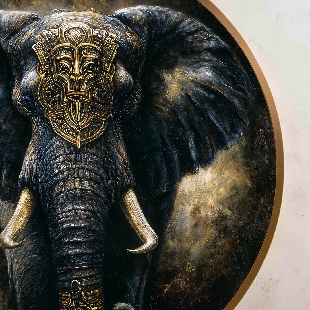 Elefante Guardián Real – Redondo Majestuoso Oscuro Cuadro al óleo sobre madera