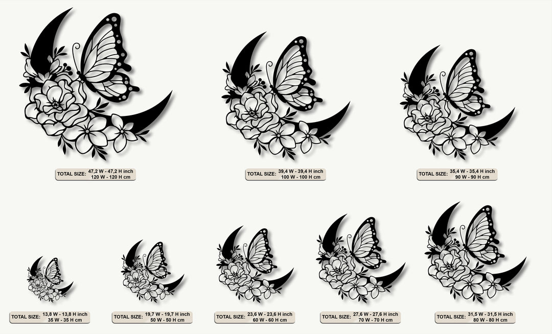 Lunar Bloom – Butterfly & Floral Crescent Metal Wall Art