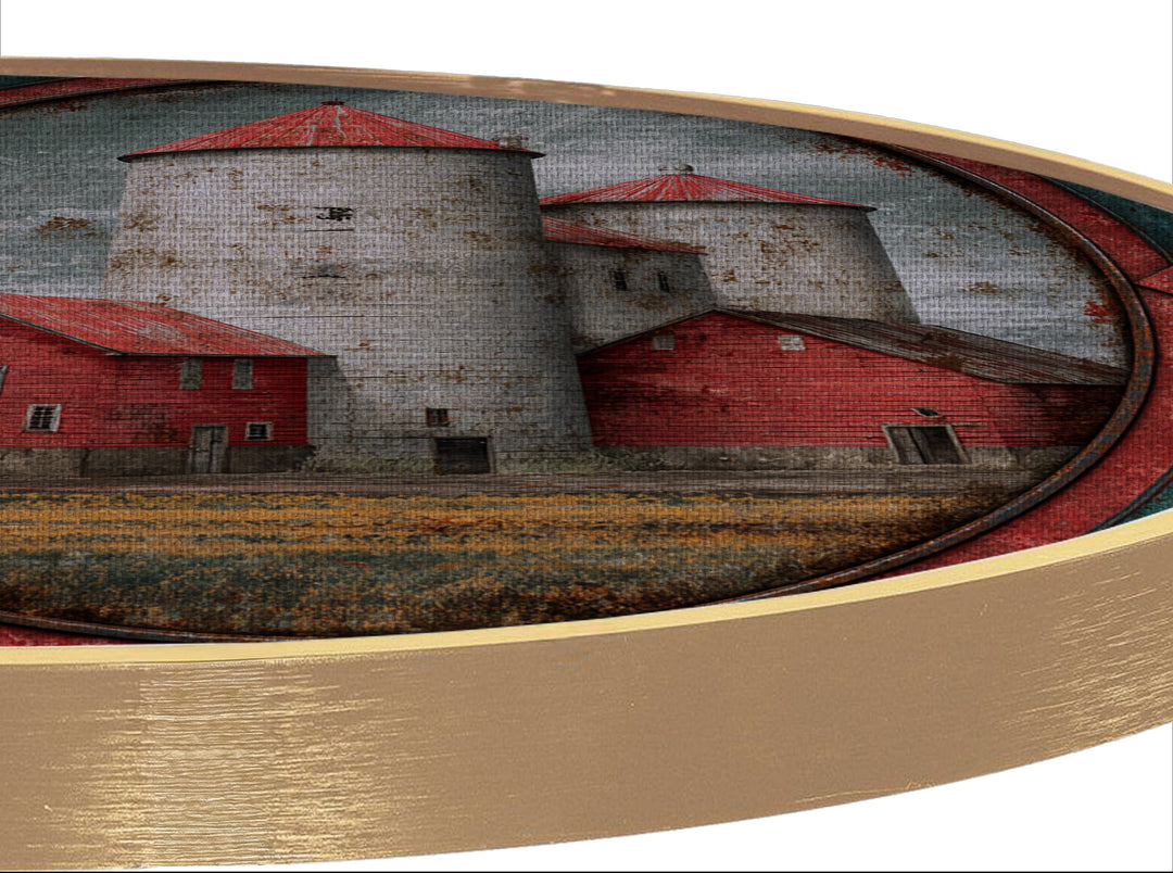 Rustic Red Barn and Silos Landscape Round Canvas Print – Vintage Farm Wall Art