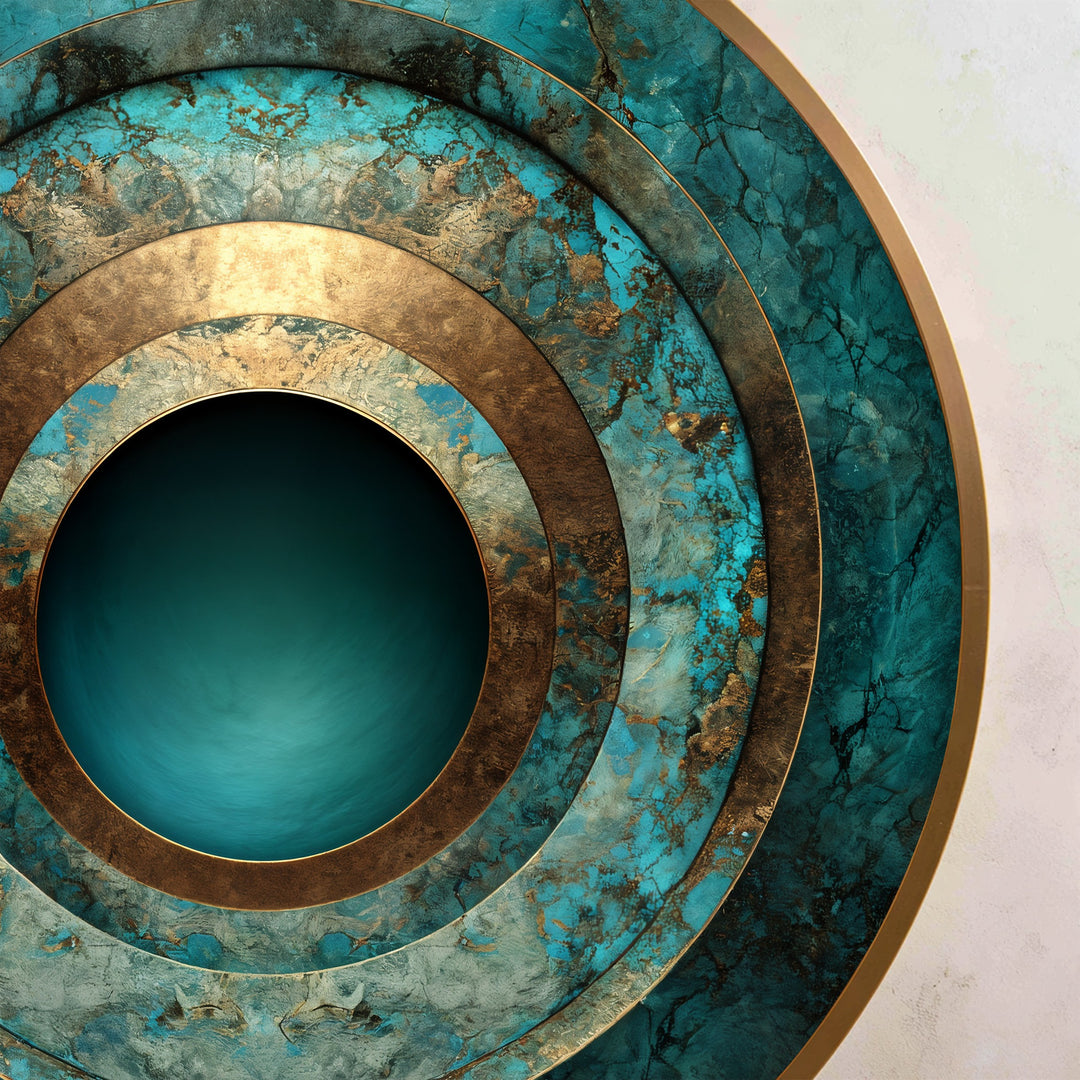 Profundidad turquesa – Círculo abstracto concéntrico Cuadro al óleo sobre madera