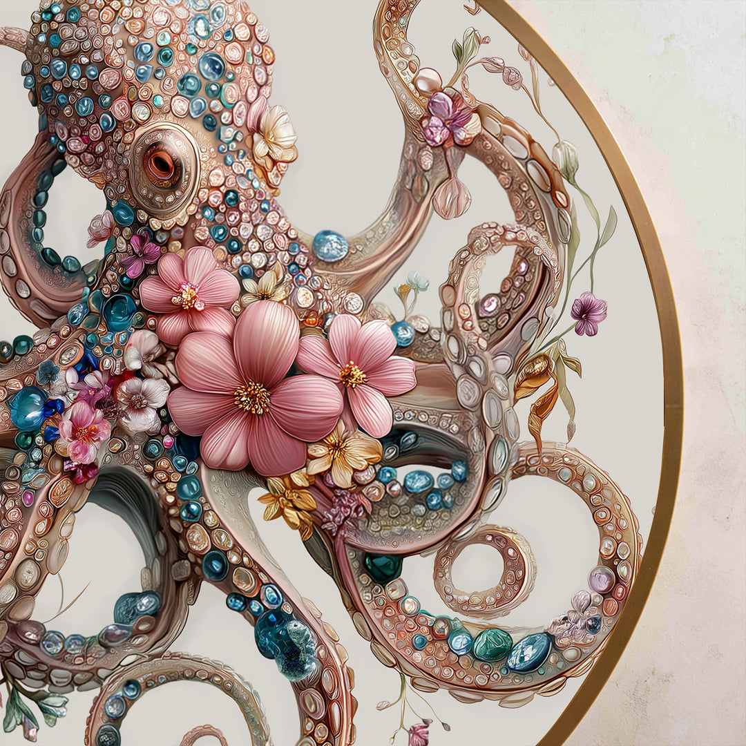 Pulpo redondo con joyas florales Cuadro al óleo con elegante motivo oceánico
