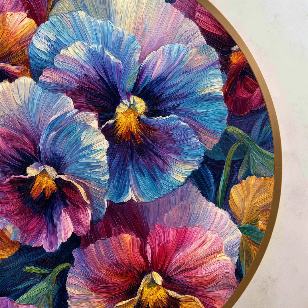Vibrant Pansy Bloom Round Oil Painting