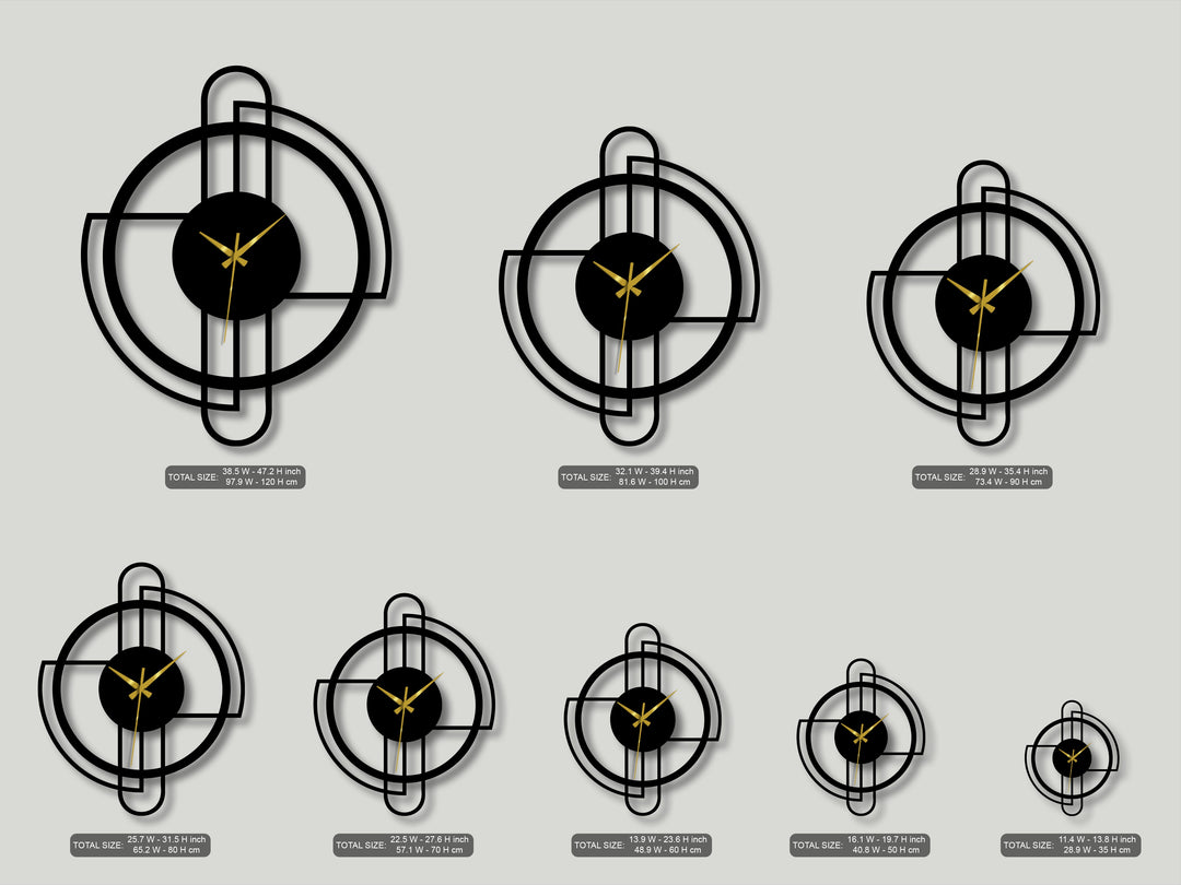 The organic forms of these decorative metal art clocks, with their flowing circular frames and clean line designs, feature elegant gold hands.