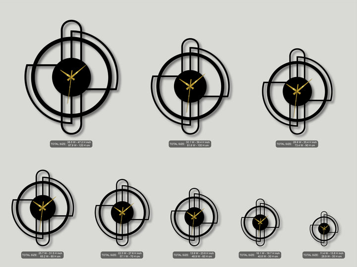 The organic forms of these decorative metal art clocks, with their flowing circular frames and clean line designs, feature elegant gold hands.