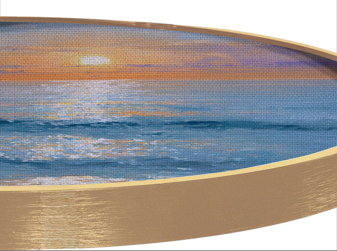 Impression sur toile ronde Lever de soleil doré sur l'océan–Décoration murale côtière sereine