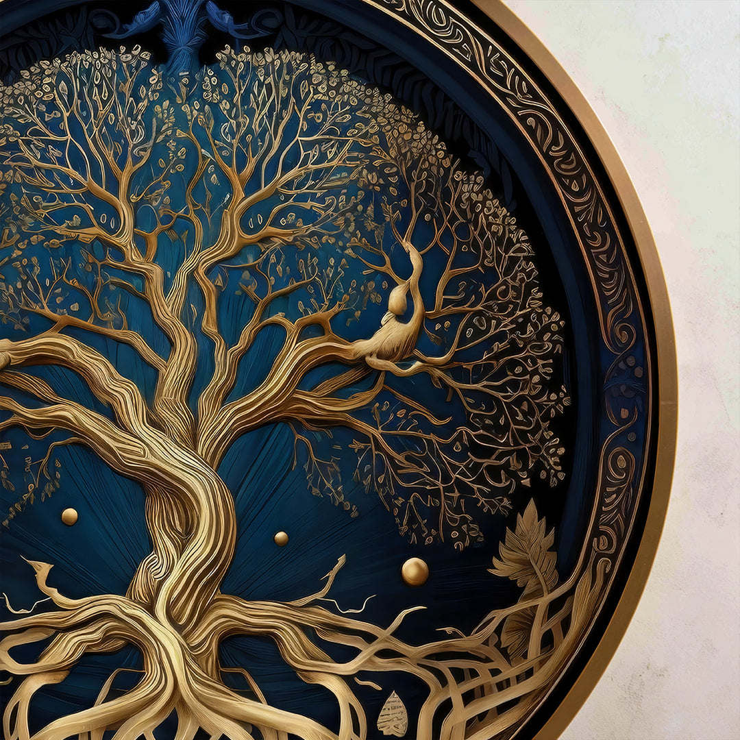 Raíces Celestiales – Árbol Dorado de la Vida Redondo Cuadro al óleo