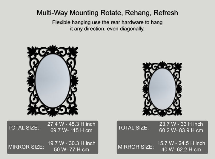 Floral baroque elegance oval floor mirrors are presented, illustrating the impact of decorating with wall mirrors, in two different sizes.