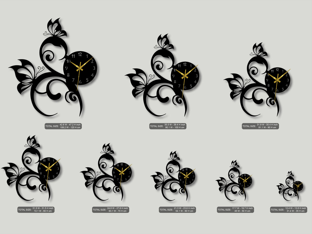 Neutral color temperature highlights sleek black metal wall decor clocks featuring intricate butterfly and vine motifs on a light gray backdrop.