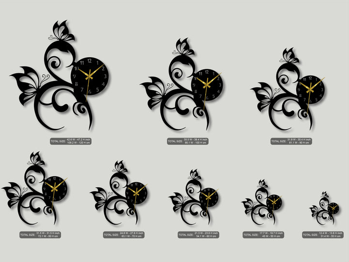 Neutral color temperature highlights sleek black metal wall decor clocks featuring intricate butterfly and vine motifs on a light gray backdrop.