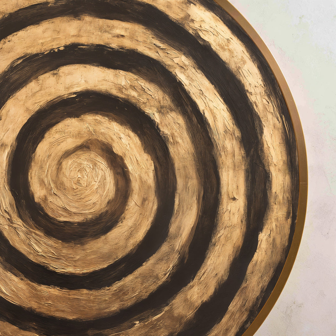 Ondulation dorée–Bois rond abstrait Tableau Peinture à l’huile Art mural