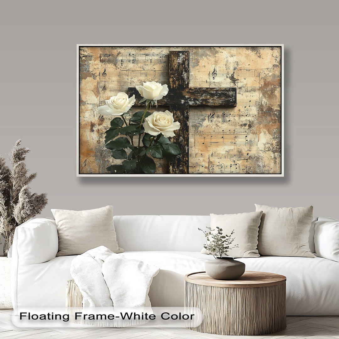 Rustic cross and white roses set against vintage sheet music.
