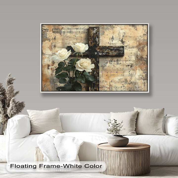 Rustic cross and white roses set against vintage sheet music.
