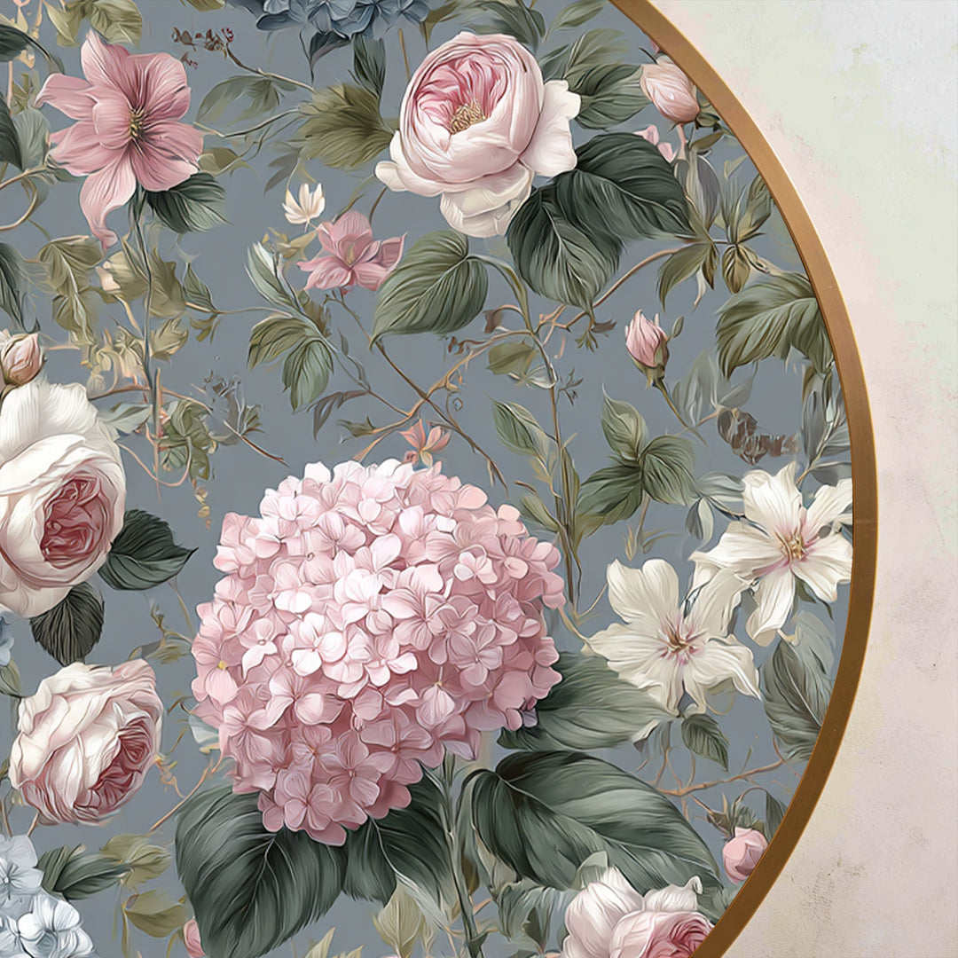 Vintage Garden Roses and Hydrangeas – Romantic Floral Round Oil Painting