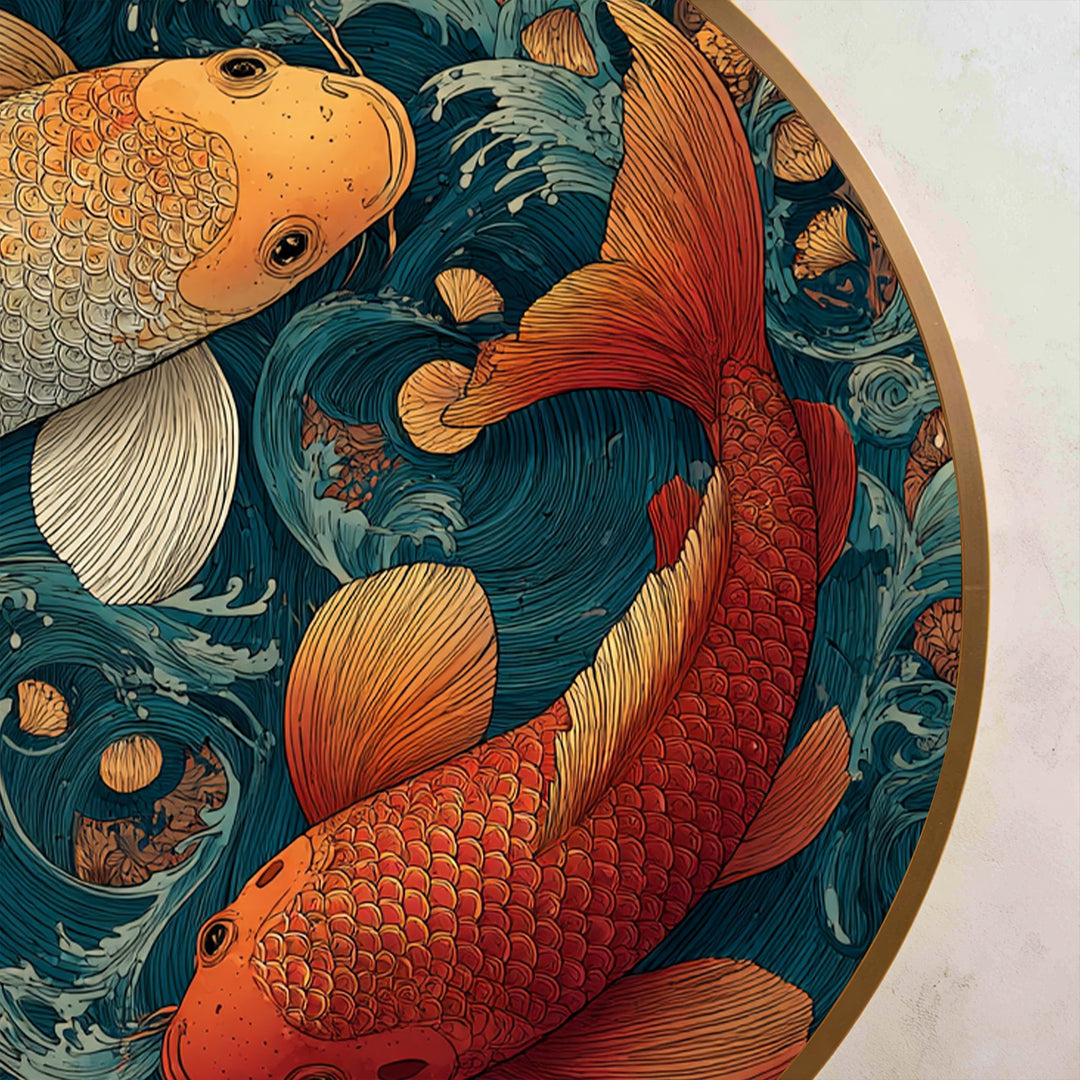 Yin Yang Koi Fish in Flowing Waves Round Oil Painting