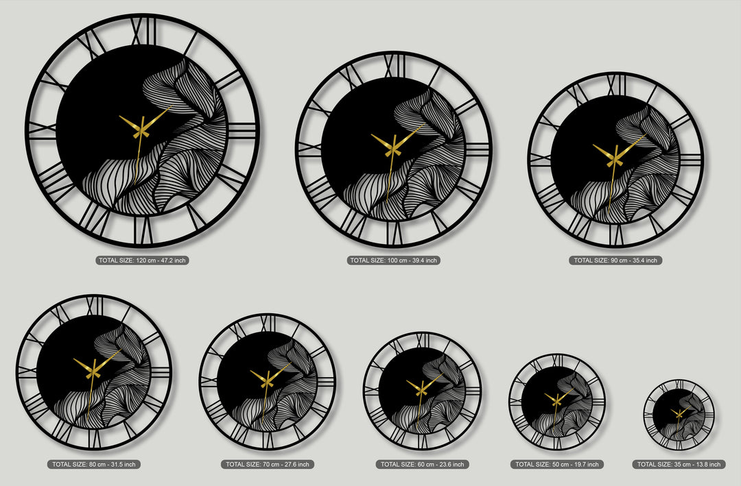 The organic forms of abstract leaves elegantly decorate this collection of Roman numeral metal artwork wall clocks, featuring sleek black finishes.