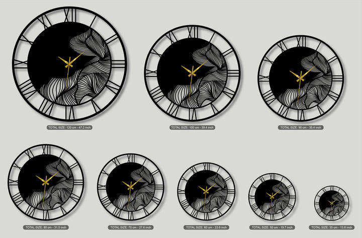 The organic forms of abstract leaves elegantly decorate this collection of Roman numeral metal artwork wall clocks, featuring sleek black finishes.