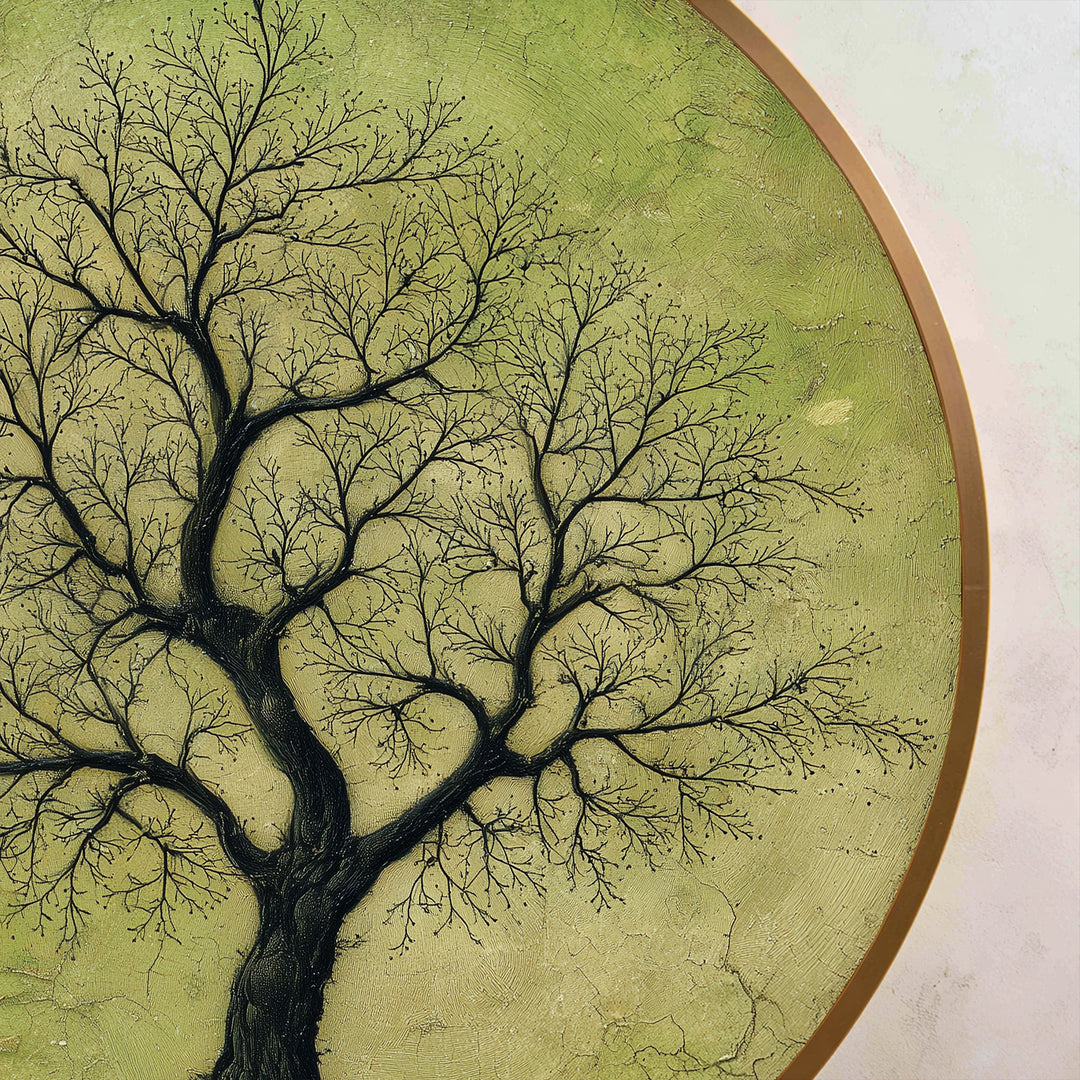Árbol solitario con ramas sobre un suave suelo verde – Redondo inspirado en la naturaleza Cuadro al óleo