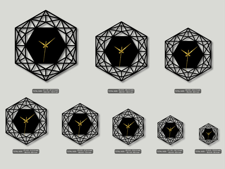 The striking three-dimensional layering of the intricate geometric hexagon decorative metal art wall clocks creates a modern minimalist design.