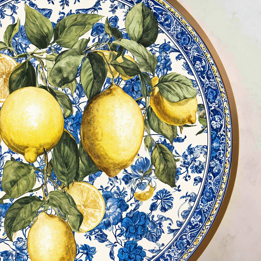 Mediterranean Freshness – Lemon & Blue Floral Round Oil Painting