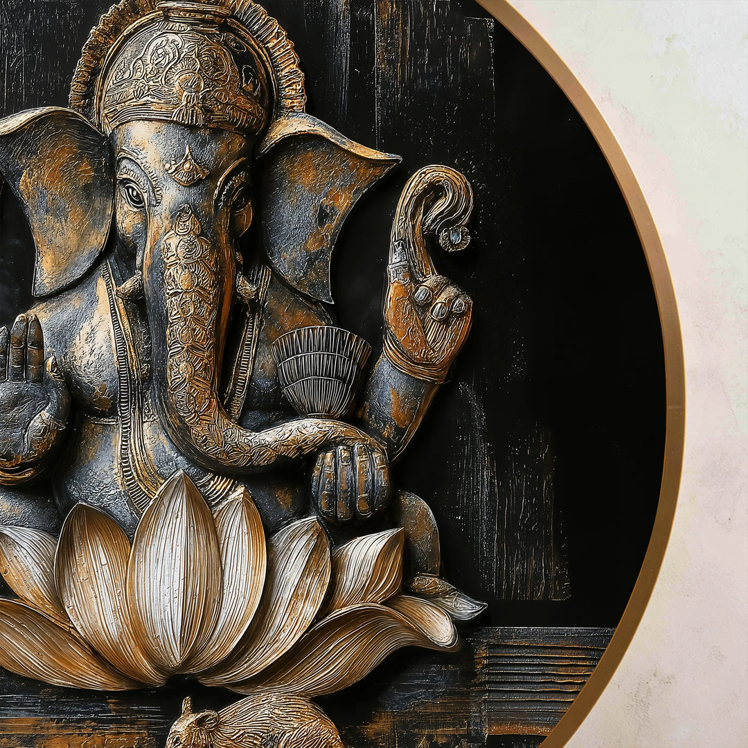 Prosperidad Divina – Ganesha Lotus Round Cuadro al óleo
