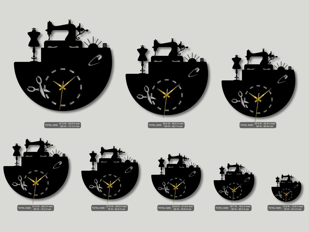 With low color saturation, the black silhouettes of this sewing-themed metal wall clock create unique decoration wall art with golden hands.