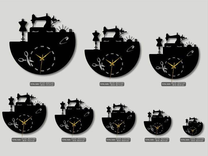 With low color saturation, the black silhouettes of this sewing-themed metal wall clock create unique decoration wall art with golden hands.