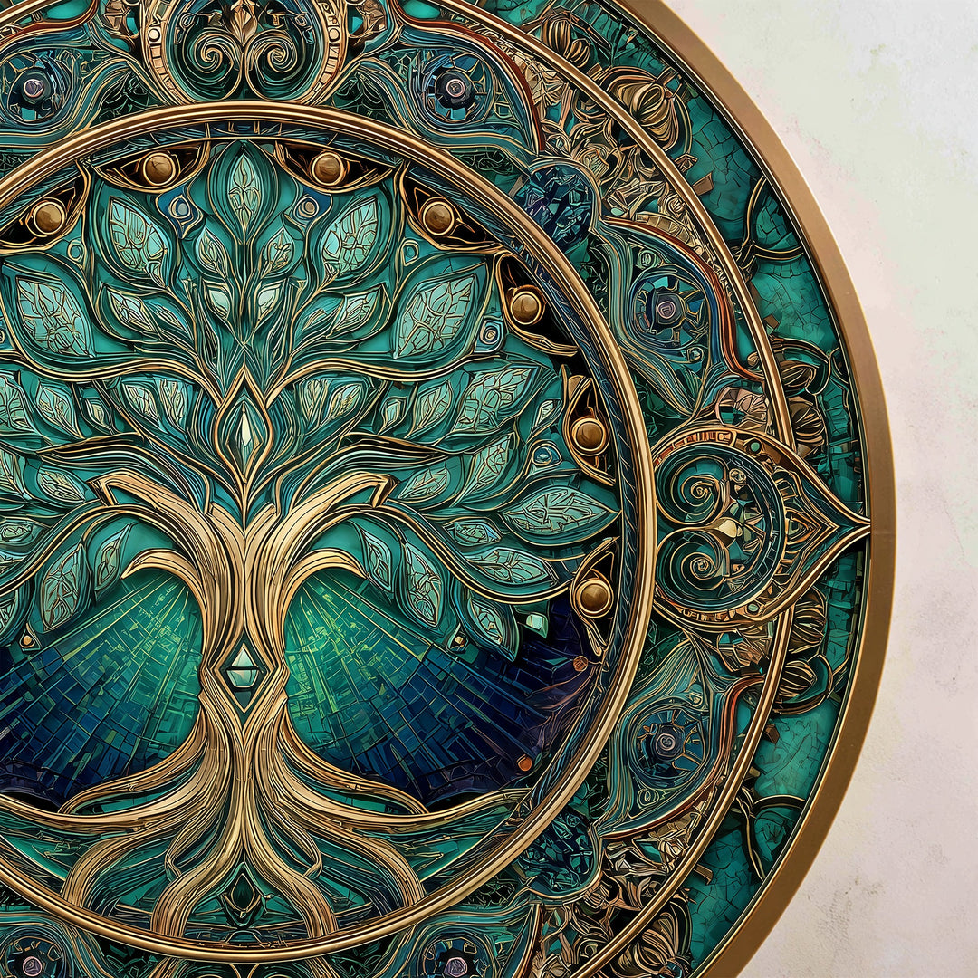Emerald Sacred Tree – Ornate Round Wooden Oil Painting Wall Art