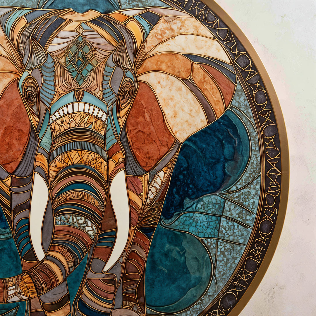 Mosaico Sagrado Majestuoso – Elefante Geométrico Redondo Cuadro al óleo