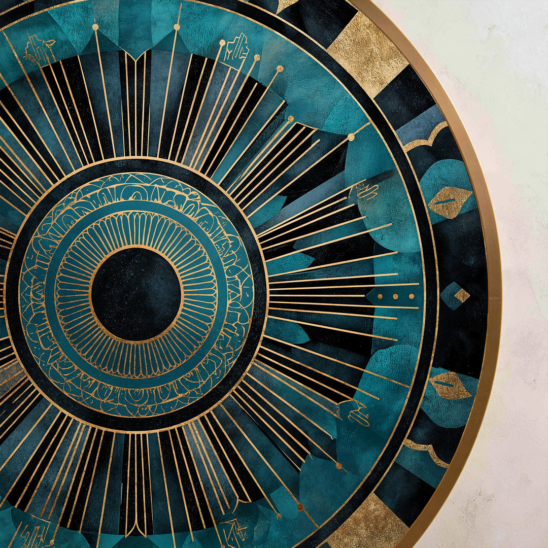 Radiant Teal & Gold Mandala – Abstract Round Oil Painting