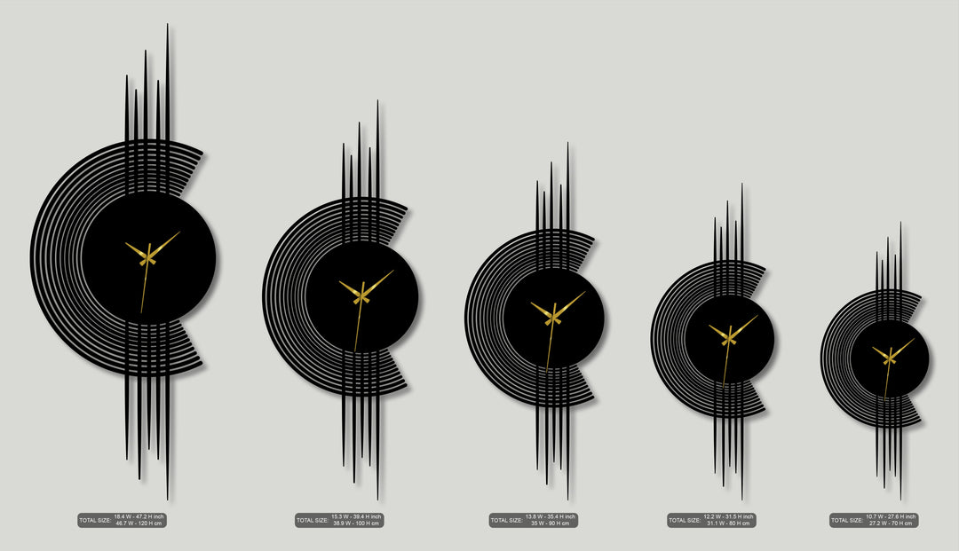 The sleek black finish of the modern arc line metal artwork clocks features a minimal vertical design and striking gold hands.