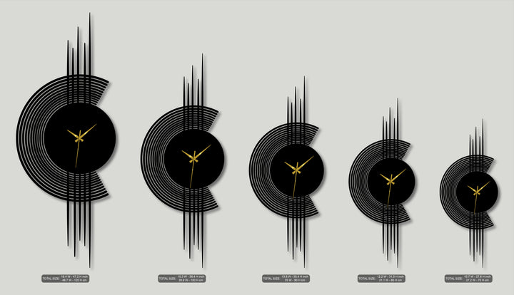 The sleek black finish of the modern arc line metal artwork clocks features a minimal vertical design and striking gold hands.