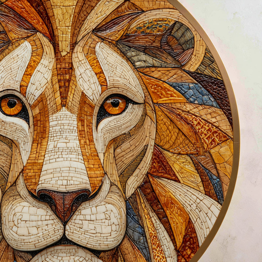 Golden Dominion – Retrato de león en mosaico redondo Cuadro al óleo