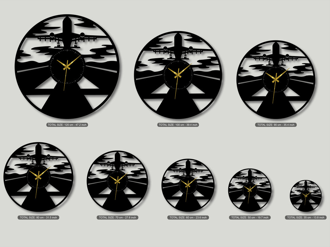The robust black metal artwork of the airplane silhouette wall clocks showcases exceptional craftsmanship and durability across various sizes.