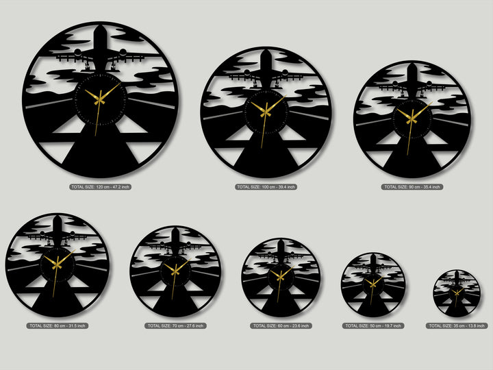 The robust black metal artwork of the airplane silhouette wall clocks showcases exceptional craftsmanship and durability across various sizes.