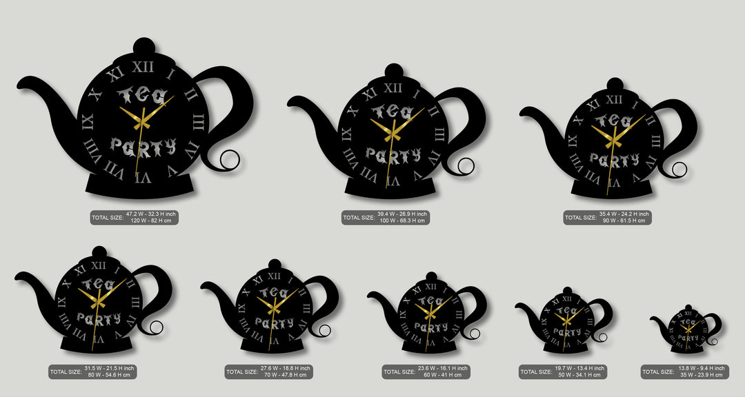 The negative space emphasizes the distinct teapot shapes of multiple vintage metal wall clocks, perfect as unique decoration wall art.