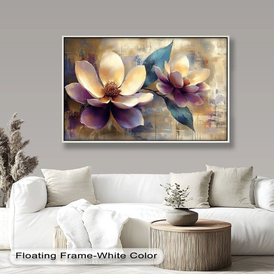 Elegant abstract floral painting with cream and violet magnolia blossoms.
