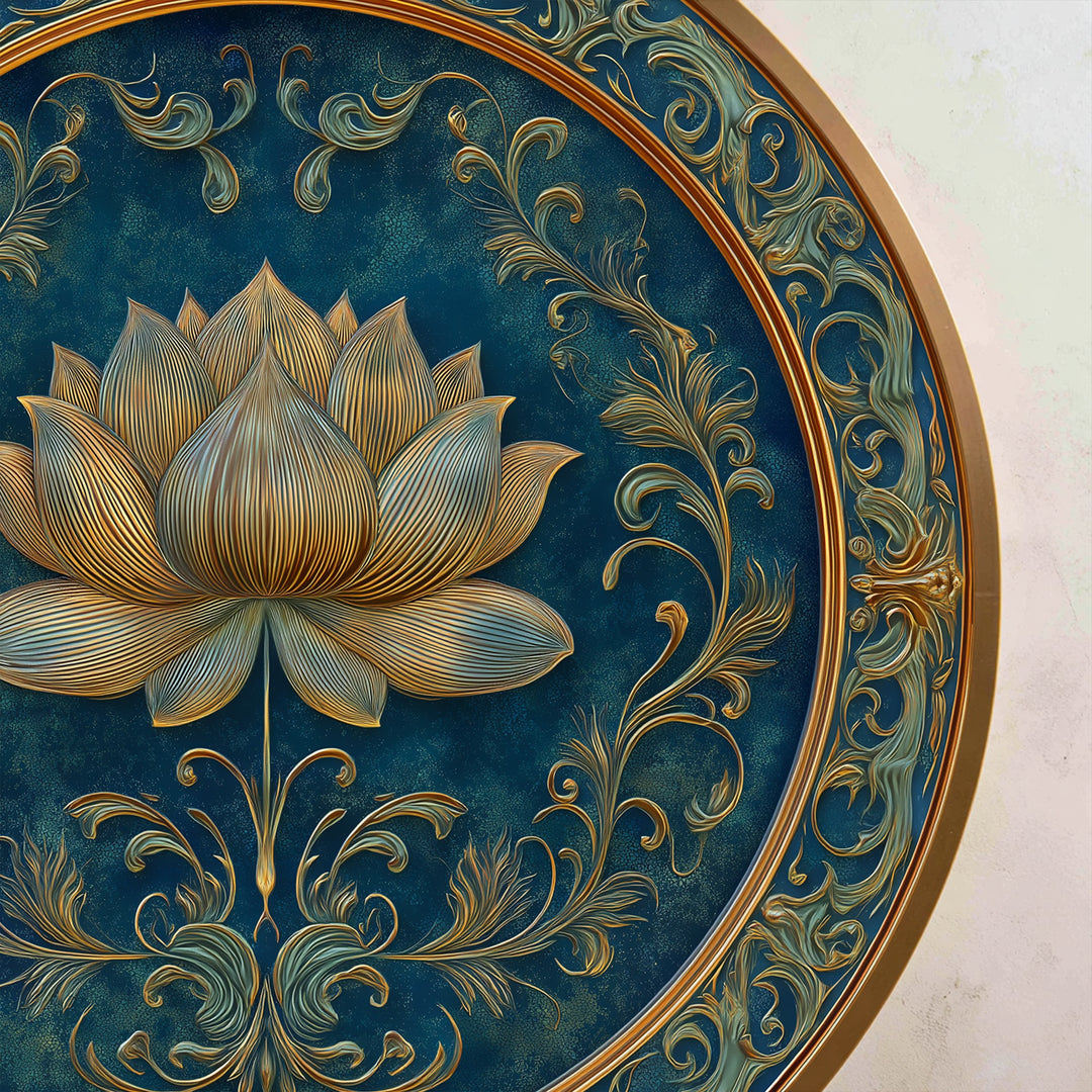 Elegancia de loto dorado: redondo con motivos florales ornamentados Cuadro al óleo