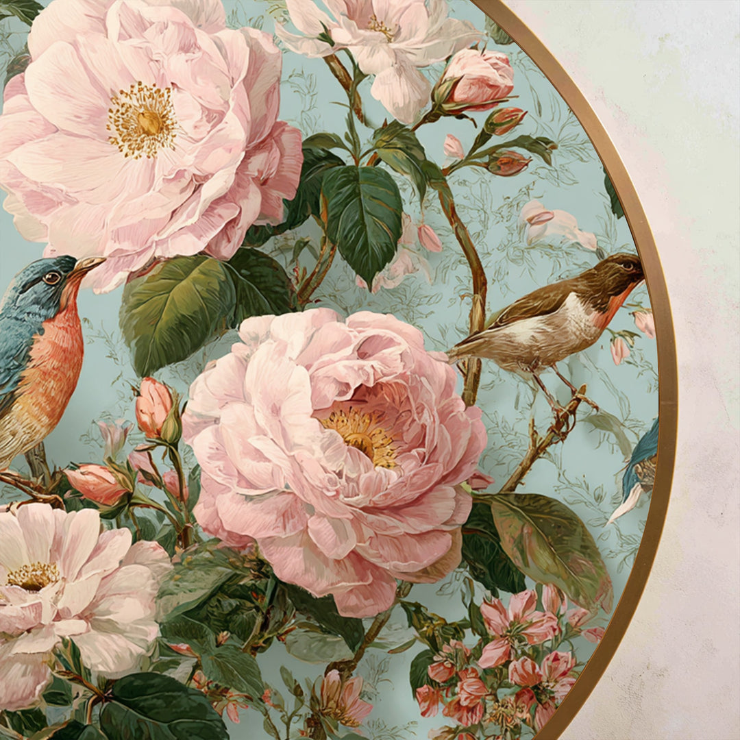 Blossoming Garden with Songbirds Round Oil Painting