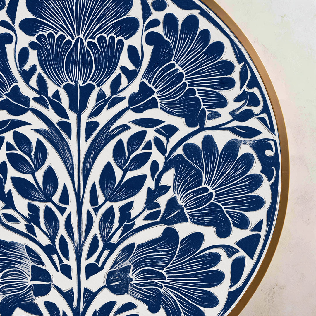 Indigo Floral Motif Round Oil Painting