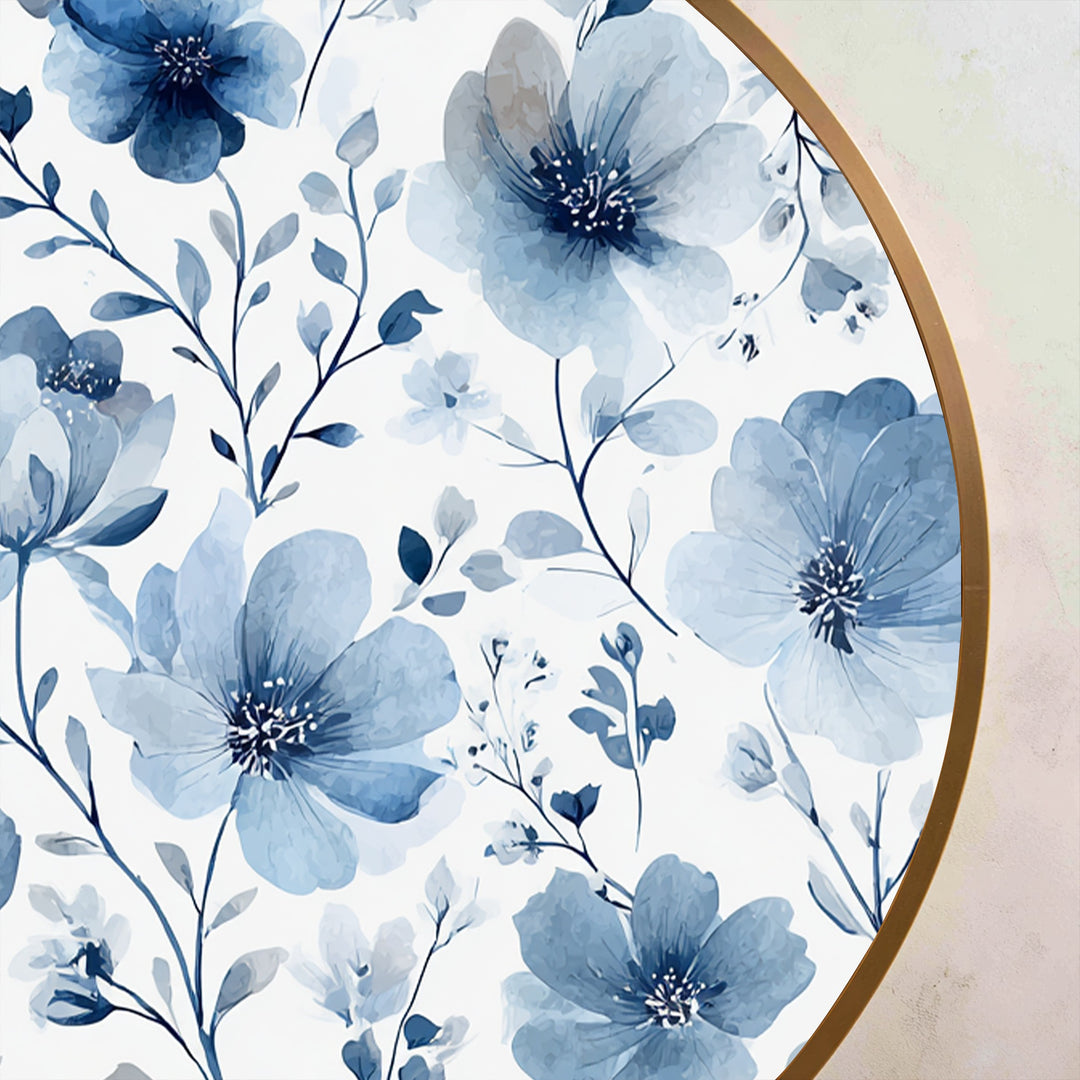 Soft Blue Botanical Pattern Round Oil Painting