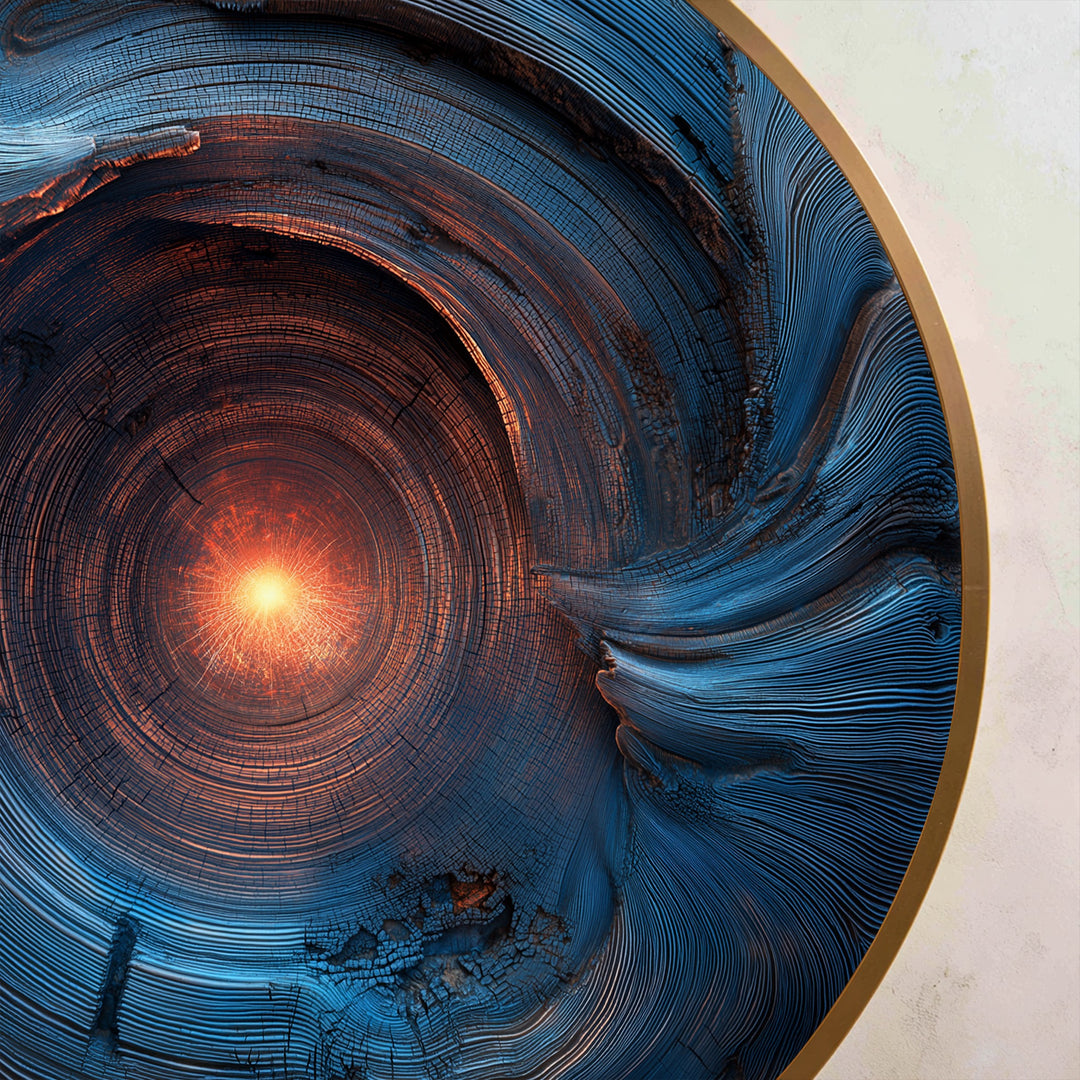 Núcleo Celestial – Espiral Azul Abstracta Redonda Cuadro al óleo sobre madera