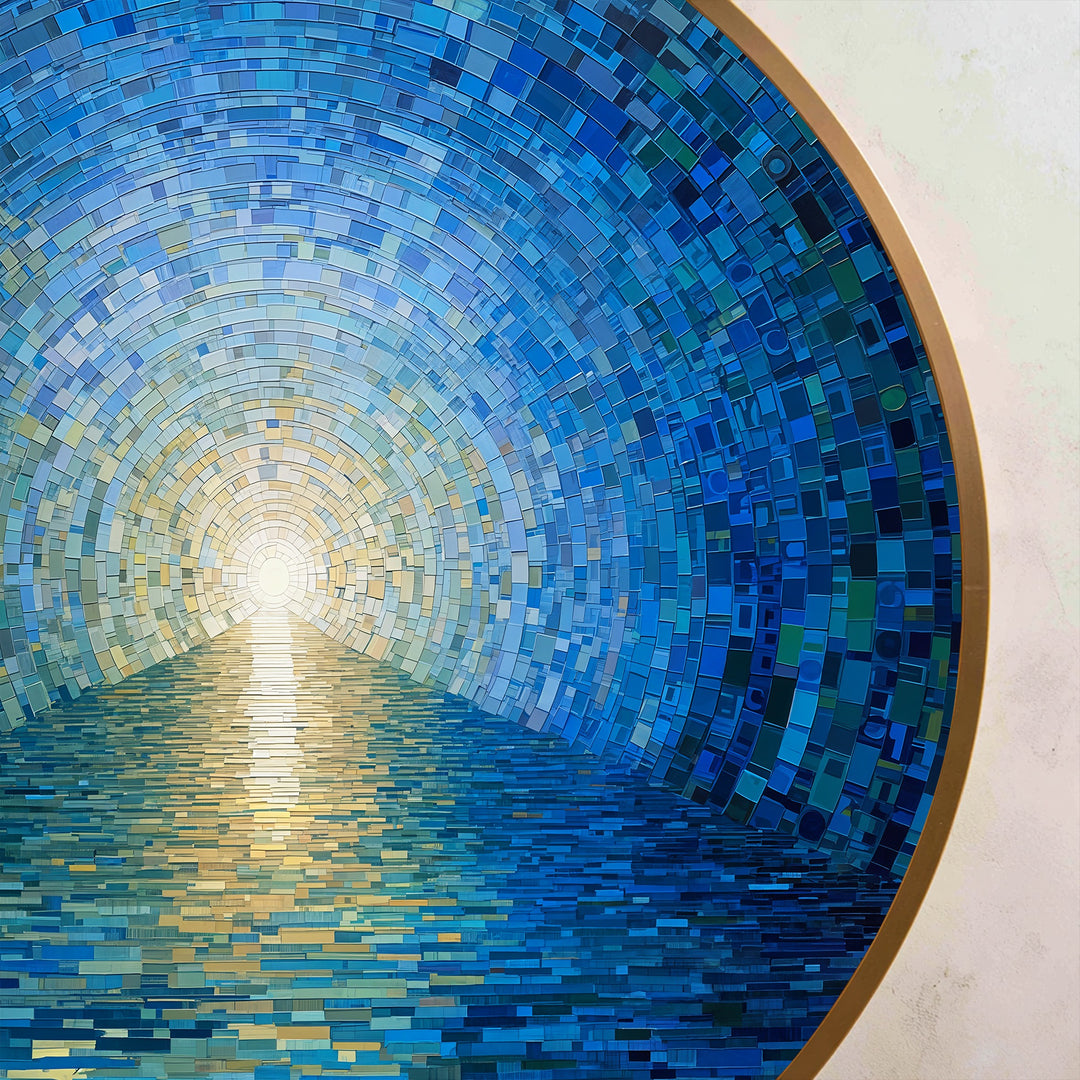Radiant Horizon – Blue Mosaic Ocean Round Oil Painting
