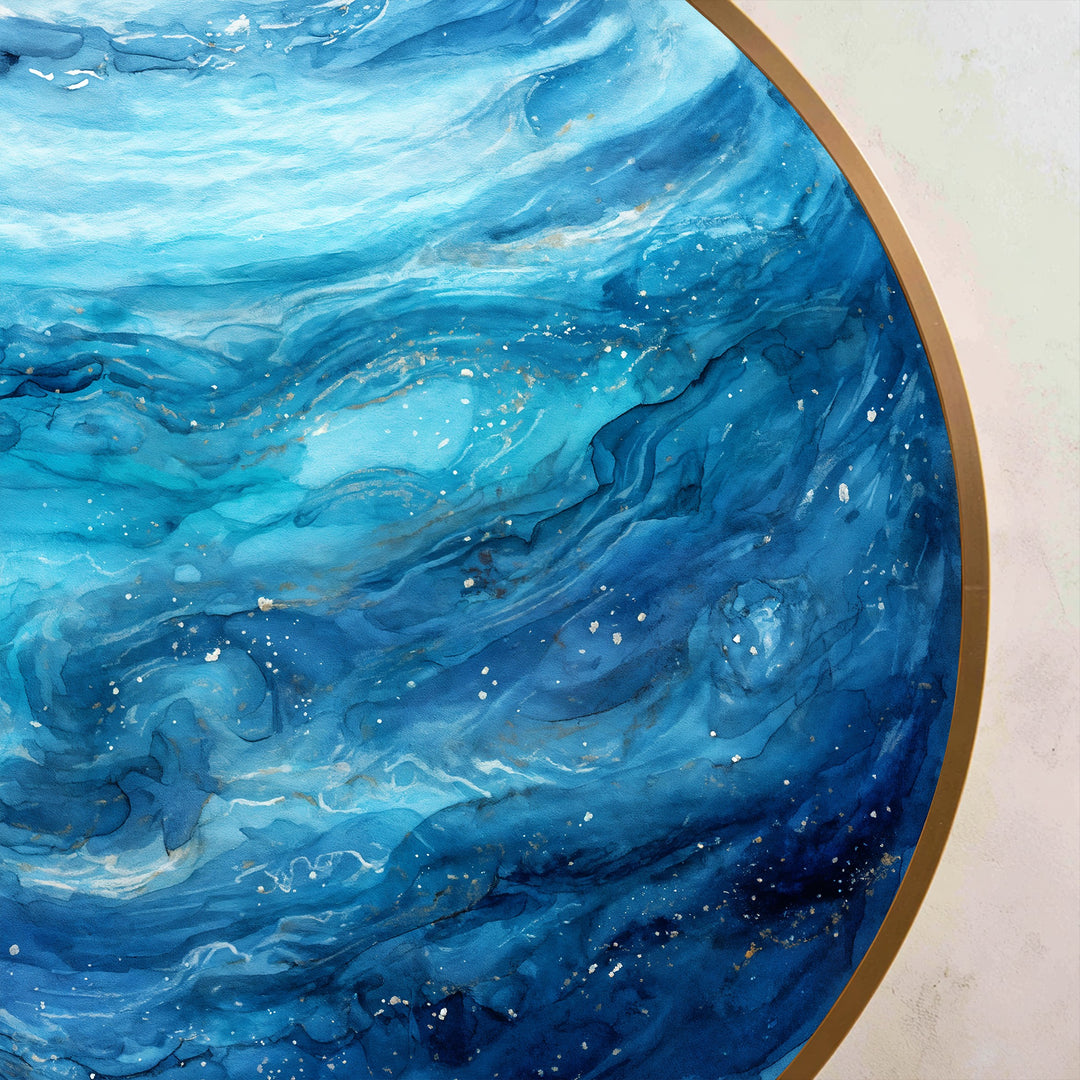 Celestial Ocean Drift – Blue Abstract Round Oil Painting