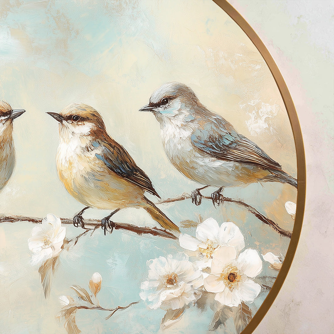 Whispering Blossoms – Three Songbirds Round Oil Painting