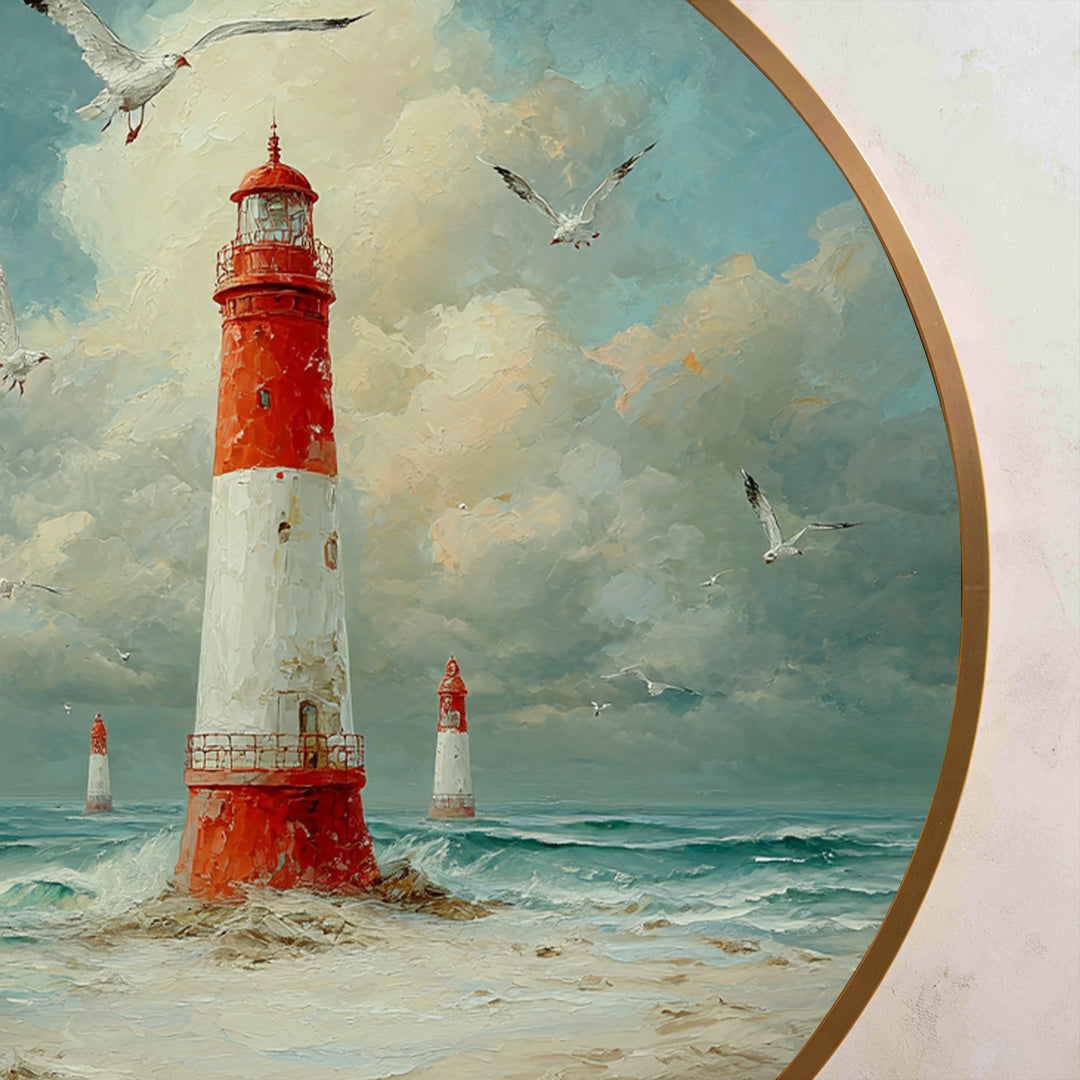 Faro costero con gaviotas – Faro náutico redondo Cuadro al óleo