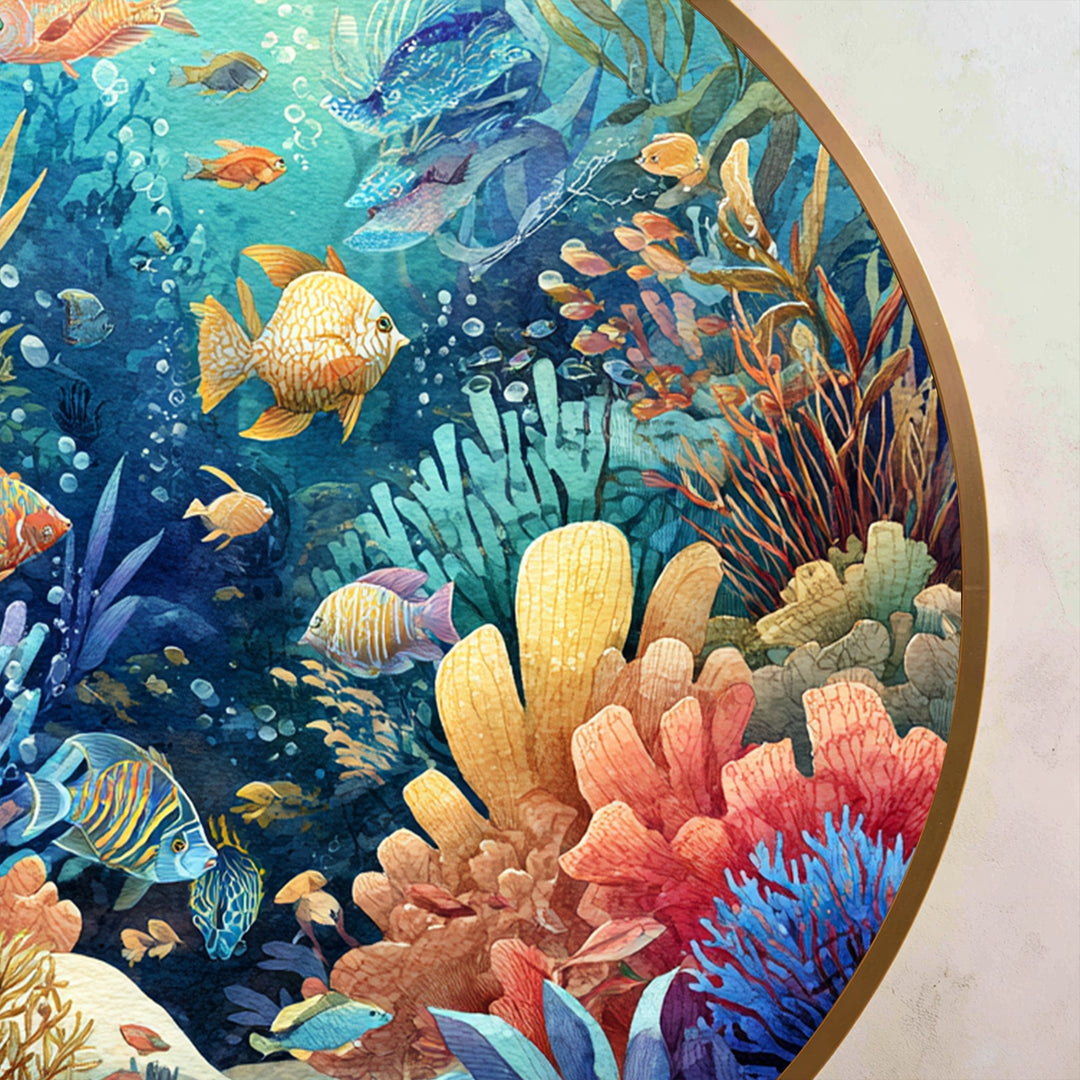 Récif corallien vibrant avec poissons tropicaux rond Tableau Peinture à l’huile