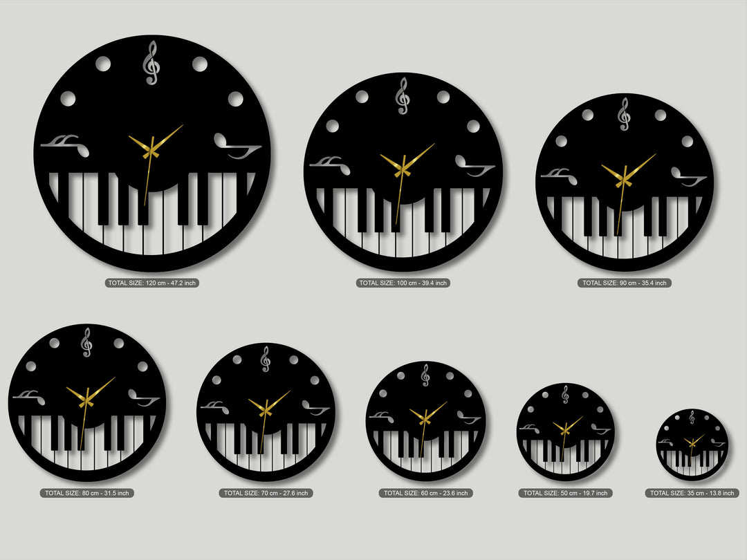 Strong light creates deep shadows around the varied sizes of these black Music Theme Metal Wall Clocks, perfect decoration wall art.